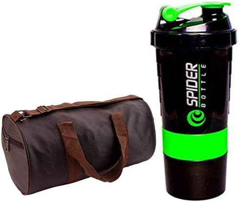 Snipper Gym Combo of Gym and Fitness Kit of Leatherite (Brown) Gym Bag and Spider Shaker (with 2 Extra Storage Compartment) (Green) for Men & Women
