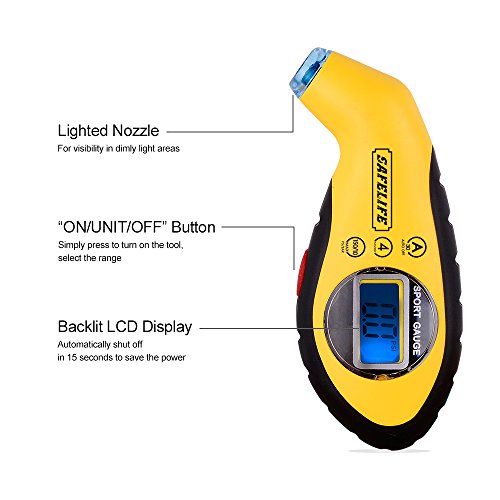 SAFELIFE Digital Tire Pressure Gauge 150 PSI 4 Settings with Backlit LCD and Non-Slip Grip (Yellow)