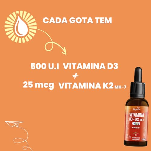 Bigens Vitamina D3 + K2 MK-7 Kids em Gotas, D3 2000UI | K2 100mcg, Sabor Morango, 20ml.