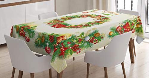 ABAKUHAUS Christmas Tablecloth, Old Fashioned Nostalgic Christmas Graphic Banners with a Greeting Text Art Print, Dining Room Kitchen Table Cover, 54" x 78", Beige Red Green — image 1