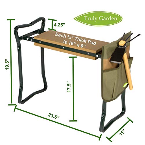 Truly Garden Kneeler/Seat with Cultivator Hoe. This Portable, Foldable Garden Bench Includes a Classic Garden Tool and Handy Tool Pouch Making it a Great Gift for Any Gardener.