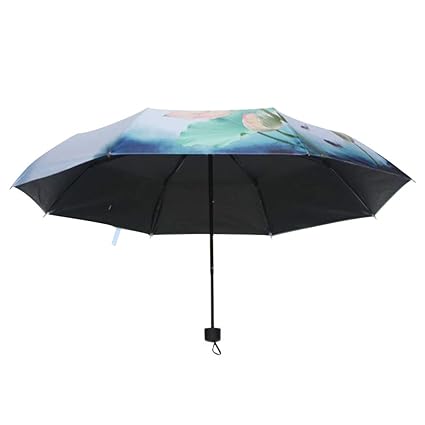 Vosarea Lotus Print Umbrella Compact Travel Sun and Rain Folding Umbrella with 8 Ribs