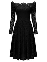 MissMay vestido de fiesta largo con encaje floral, manga larga y cuello en bote para mujer