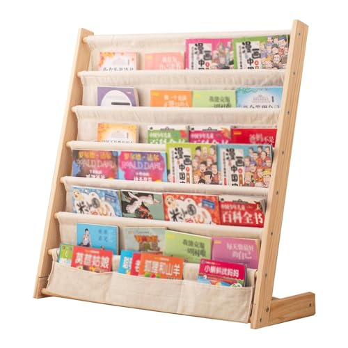 AM ANNA Wooden Bookshelf for Kids,6 Tier Kids Bookshelf Wood Bookrack Canvas Book Storage Shelf Display,Bookshelf Kid Books and Magazines Easy to Reach Book Shelves (60 CM)