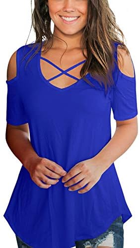 Aolakeke Cold Shoulder Short/Long Sleeve T Shirts V Neck Tops Casual Criss Cross Tunic Blouse