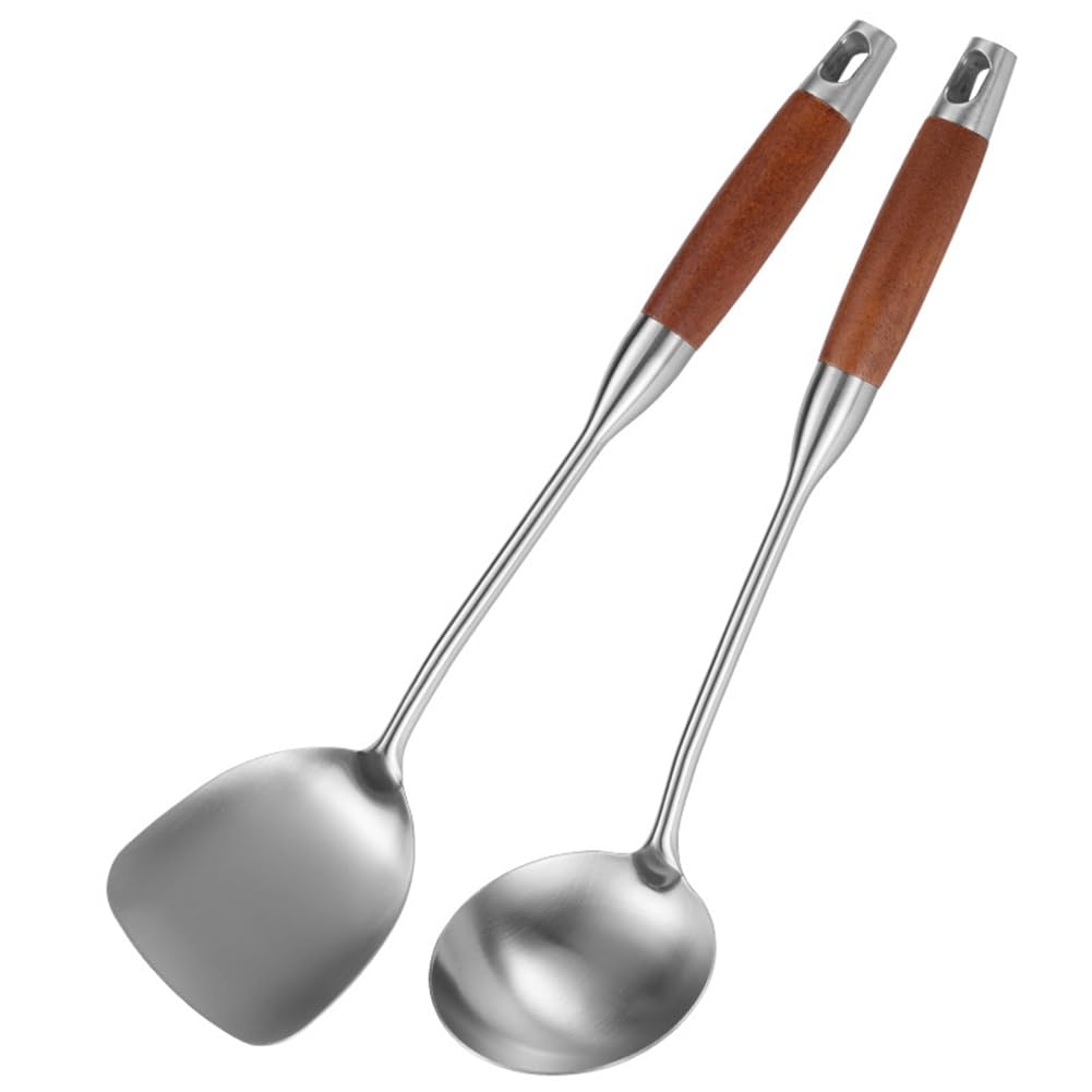 SCHNRR Stainless Steel for Carbon Steel, Stainless Steel Wok Metal, Wok Tools Set, Wooden Handle Soup Ladle Reusable