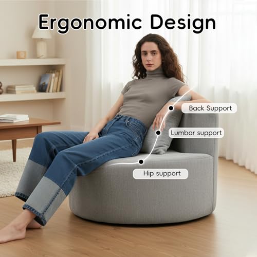 Accent Chair, Round Chaise Lounge Chair with Deep Seat, Modern Chenille Upholstered Lounge Chair, No Assembly Floor Sofa for Living Room Bedroom Apartment, 34.65 Inch Wide, Gray