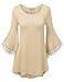 Amstt Bat Wing Slim Lace Polyester Bell 3/4 sleeves Crewneck JADE Long Tunic Top, Beige, Medium