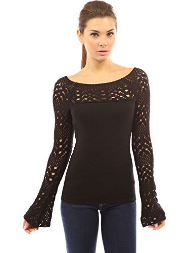 PattyBoutik Women Boat Neck Crochet Inset Sweater (Black Large)