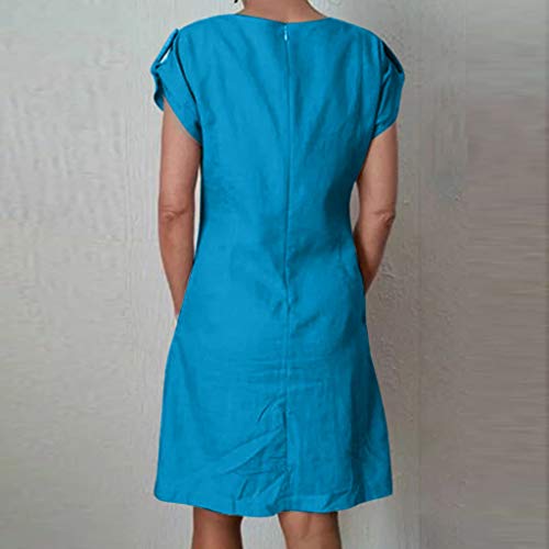 Duseedik Women's Dresses with Pocket Summer Casual Solid Cap Sleeve Dresses Plus Szie Cotton Linen O-Neck Daily Dresses Blue