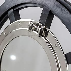 Nagina International 24" Premium Matte Black Solid Wood Pirate's Ship Wheel with 10" Aluminum Polished Porthole Mirror | Captain's Maritime Beach Home Decor 416vrX haDL
