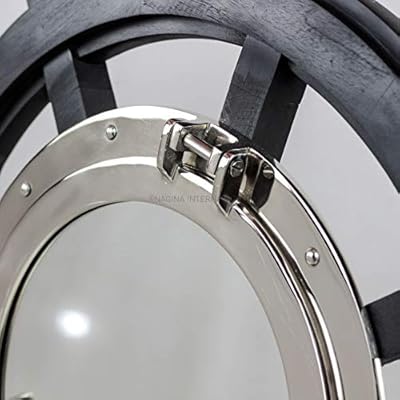 Nagina International 24" Premium Matte Black Solid Wood Pirate's Ship Wheel with 10" Aluminum Polished Porthole Mirror | Captain's Maritime Beach Home Decor 416vrX haDL