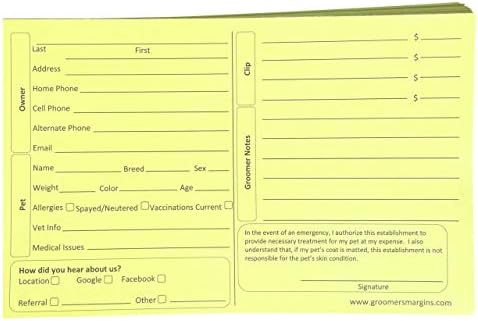 Pet, Dog, Cat Grooming Customer Clip Cards (100 Pack 8 X 5 inch Professional Profile Kennel Record Care Service Card) (Canary)