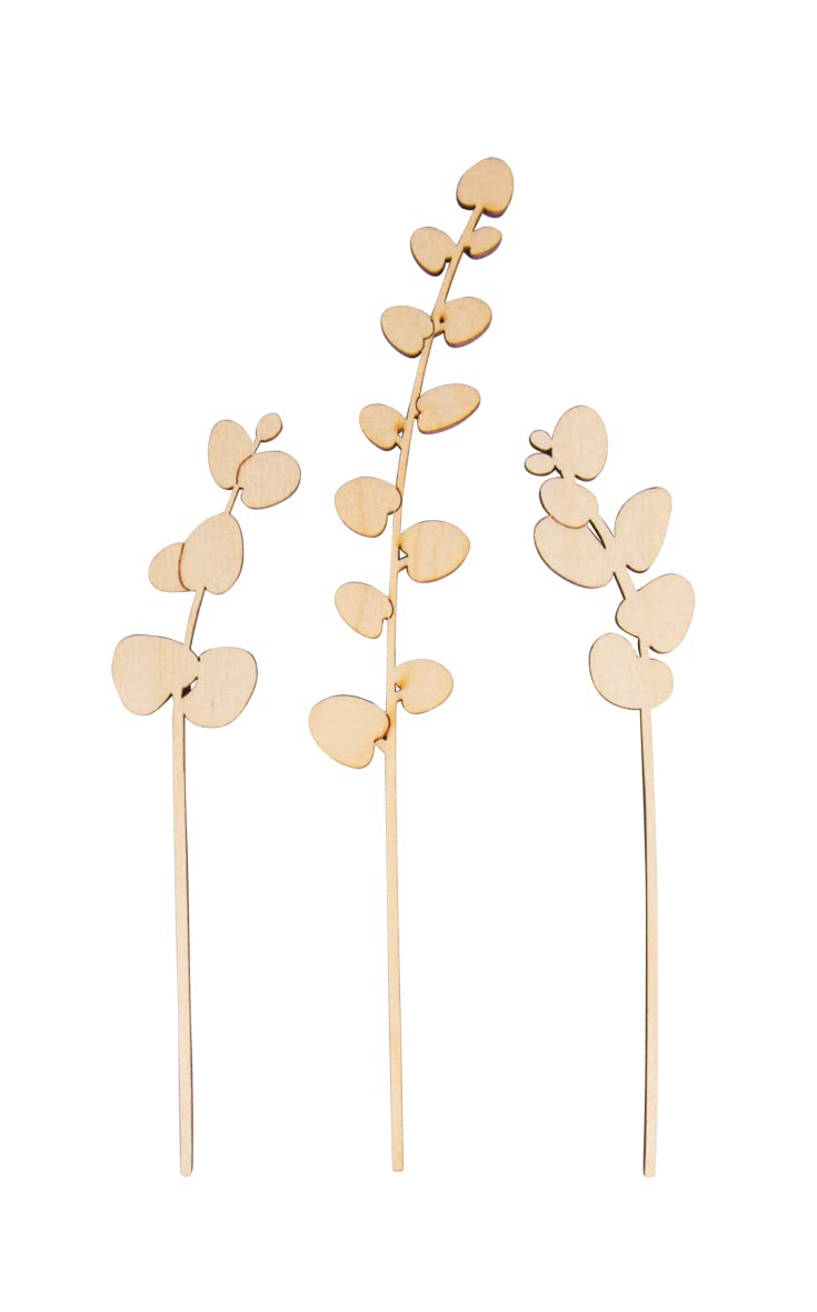 Rayher Set of Three Wooden Eukalyptus Branches, Eukalyptus Shaped Wood Embellishments for Crafting, Wreath Making, and Decorations, natural wood, 15+20cm, 64528505