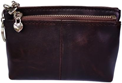KELADEY Women's Leather Mini Zipper Coin Purse Card Holder with Key Chain Wallet (Dark Brown)