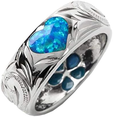 Women’s Hawaiian Jewelry Ring, Stylish, Thick Heart, Opal, Plumeria Design, 0.3 inch (7 mm), Cute, Cheap, bule