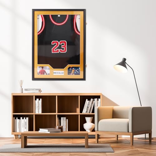 Homodoskey Jersey Frame Display Case, Large Clear Acrylic Shadow Box with UV Protection for Basketball Football Hockey shirts, Wall Mount Wooden Showcase for Sports fans (Golden)