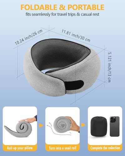 Memory Foam Travel Neck Pillow, Ergonomic Cervical Support Pillow, Removable Washable Cover Neck Pillow for Airplane Car Road Trip Office Naps Camping (Light Grey)