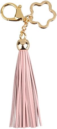 Leather Tassel Keychain Bag Charm Fob With Star Keyring (Pink)