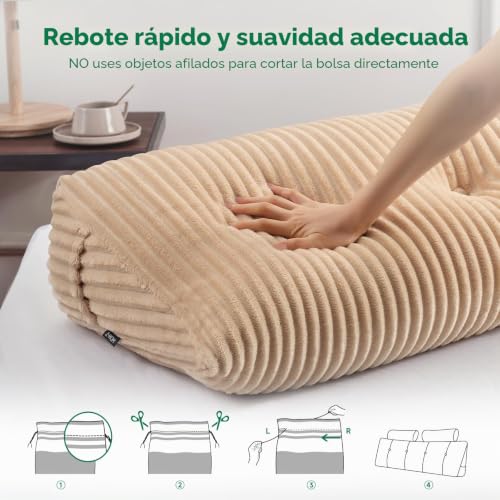 Z-hom Book Cushion, Wedge, Reading Cushion for Bed and Sofa, Back Cushion, Practical Side Compartment, Removable Cover, with Round Pillow (Beige, 200 x 50 x 20 cm)