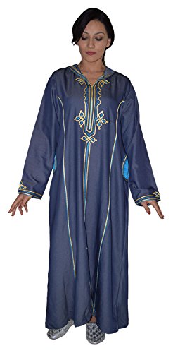 Moroccan Caftans Women Hand Made Djellaba Embroidered Soft Denim Breathable Blue