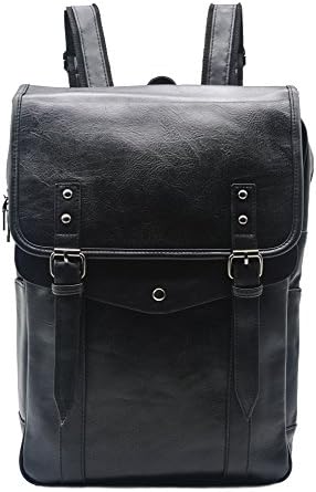 Vintage PU Leather Laptop Backpack Slim Travel Casual Daypack Bag School Bookbag for Men &amp; Women (BLACK)