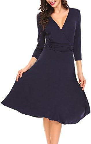Venena Women Faux Wrap Split Deep V Neck 3/4 Sleeve Slim Waist Solid A-Line Dress Blue