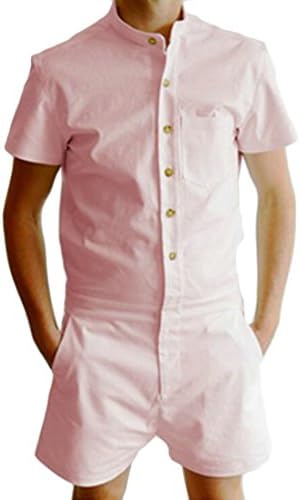 MU2M Men Short Sleeve Cargo Pants Solid Color Slim Fit Short Jumpsuit Romper
