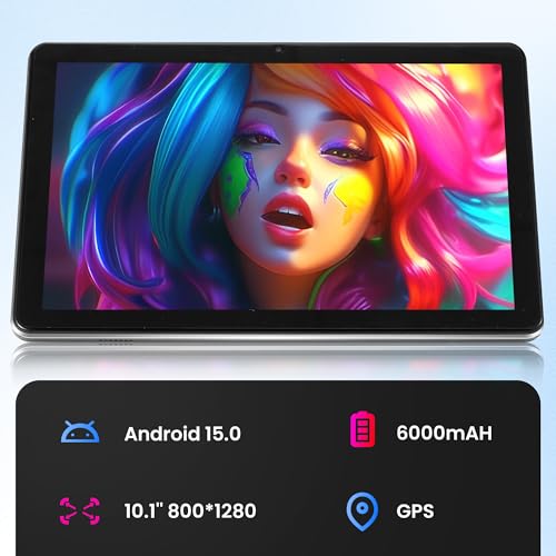 Paaxoo Android Tablet, 10.1 Zoll Android 15 Tablets 18GB (6+12) RAM 128GB ROM, 1280x800 IPS HD Touchscreen, 6000mAh Akku, Bluetooth, Dual Kamera, GMS, WiFi