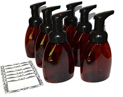 UPC 790304468384, AMBER PLASTIC FOAMER PUMP BOTTLES - 8.30 OZ REFILLABLE with Black Pumps - Turn Your Soap, Shampoo, Body wash and Baby Wash into RICH LUXURIOUS FOAM - PET, BPA Free - 6 Pack, BONUS 6 WATERPROOF LABELS