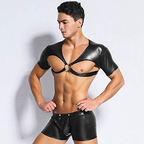 Culotte-E-Parigamba-Magliette-Da-Uomo-In-Ecopelle-Sexy-Lattice-Maschio-Dj-Club-Wear-Nero-Wet-Look-T-Shirt-Attillate-Gay-Pvc-Divertente-Corsetto-Dancewear-Lingerie-BlackM