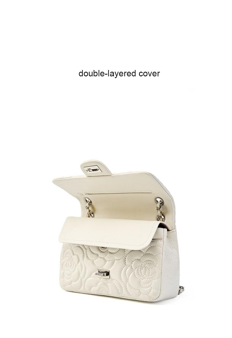 Genuine Leather Women Bag Camellia Shoulder Bag Chain Sheep Leather Handbag, beige