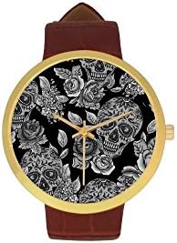 Women's Sugar Skull Dia De Los Muertos Stainless Steel Leather Strap Waterproof Band Wrist Watch