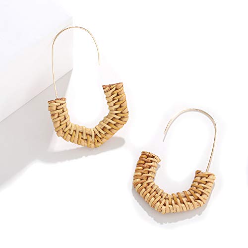 MOLOCH Rattan Earrings for Women Handmade Straw Wicker Braid Hoop Earrings Lightweight Wire Drop Dangle Earrings Fashion Jewelry (Metal end)