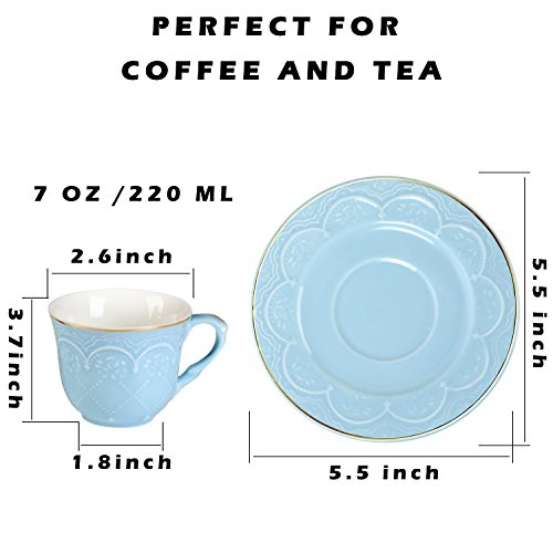 Porcelain Coffee Cups and Saucers Set- 7 OZ Embossed Flower Coffee Cups Set of 4-Blue Tea Cup Sets with Golden Edge Coffee Cups for Mocha Cappuccino