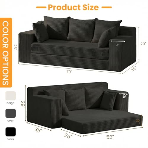 Winzoo Convertible Sofa Bed, Pull Out 3 Seater Sleeper Sofa, 70" Black Boneless Couch Fold Out Floor Couch with 5 Pillows for Living Room Bedroom Lounge Small Space