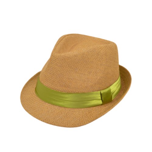 Classic Tan Fedora Straw Hat, Green Band