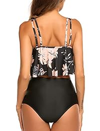 Naggoo Trajes de baño de cintura alta con estampado de volantes, traje de baño de dos piezas