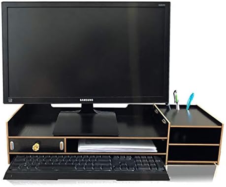 Organize Fun Computer Monitor Stand, Laptop Monitor Riser and Desk Organizer with Adjustable Heights and Angles. A Desk Essential for Home, School and Office. (Black, Large with a Drawer)