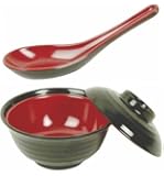 Set of Rice / Miso Soup Bowl with Lid and Spoon Black & Red Color 10 oz
