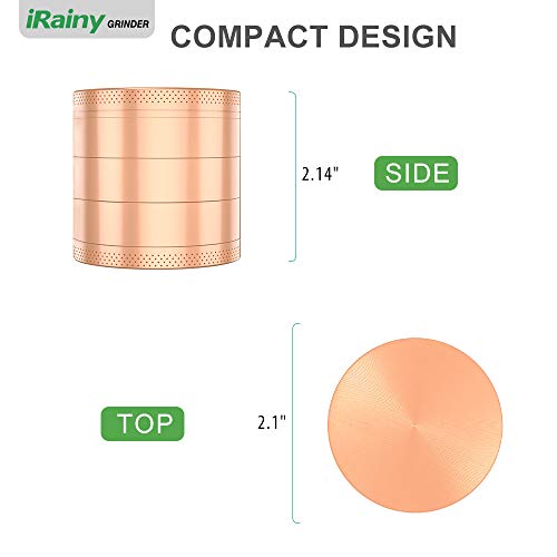 iRainy [5 Piece] Spice Herb Grinder with Pollen Catcher, 2.1 Inch, Metal Rose Gold
