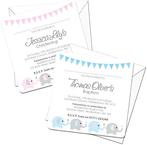 Elephants & Hearts Design Christening/Baptism Invitations - Pink OR Blue - Choose Pack Size - Naming Day Invitations & Envelopes (20)