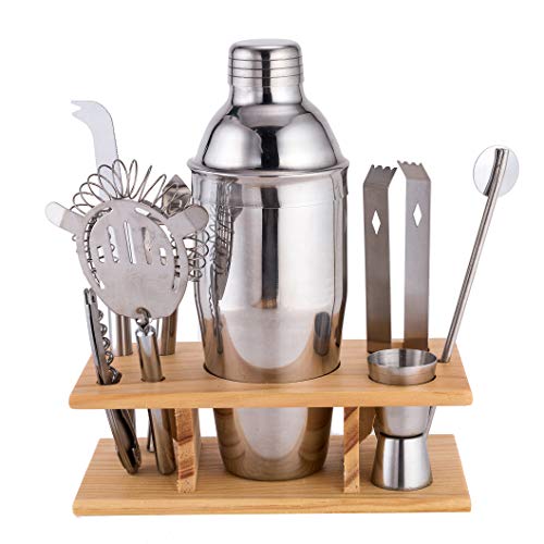 Xena 9 Piece Stainless Steel Bar Cocktail Shaker Set Bamboo Holder Barware Bartender Utensils Kit Accessories