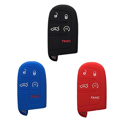 Qty 3 (Black Red Blue) Key Case Cover Jacket Silicone Rubber Fob Keyless Remote Holder Skin fit for JEEP FIAT DODGE CHRYSLER Smart Remote Key Case