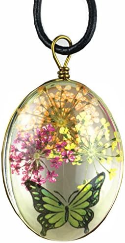 Natural Multicolor Oval Shape Dried Pressed Flower Transparent Resin Crystal Pendant Necklace (Orange Flower)