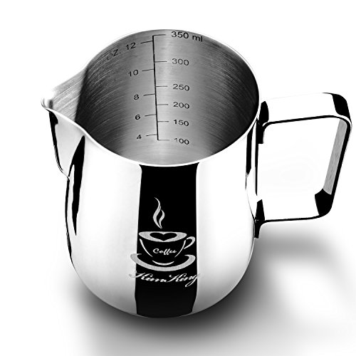 Milk Frothing Pitcher- KimKing 350ml Stainless Steel Milk Pitcher Frothing Cup Measuring Scales on Both Sides for Espresso Machines, Milk Frother, Latte Art