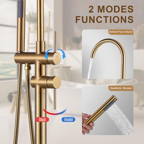 ARCORA Floor Bathtub Tap, Freestanding Bathtub Mixer, Pillar Bathtub Tap with Hand Shower, 360° Swivel, Copper and Stainless Steel, Ceramic Cartridge, Gold