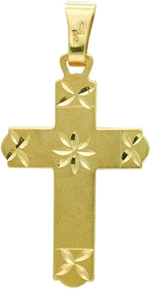 18K Gold Cross Pendant Unisex 28 mm. Smooth Flat Edges And Corners Carved Details Center