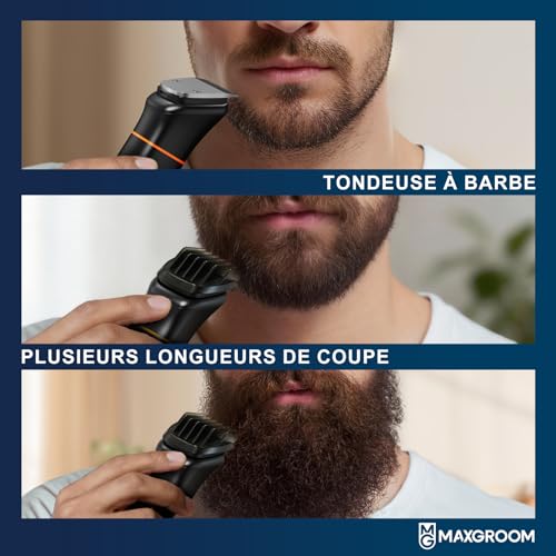 Maxgroom 6-in-1 Men's Electric Beard Trimmer with Organised Storage Base, Dual Charging Mode (Base & USB-C), Removable Magnetic Head, IPX6 Dry/Wet, Battery Life 120 Mins (Black)