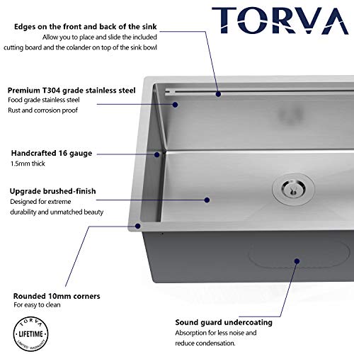 TORVA 30-Inch Workstation Undermount Stainless Steel Kitchen Sink, 16 Gauge Single Bowl Sinks with Basin Rack, Colander, Cutting Board, and Basket Strainer
